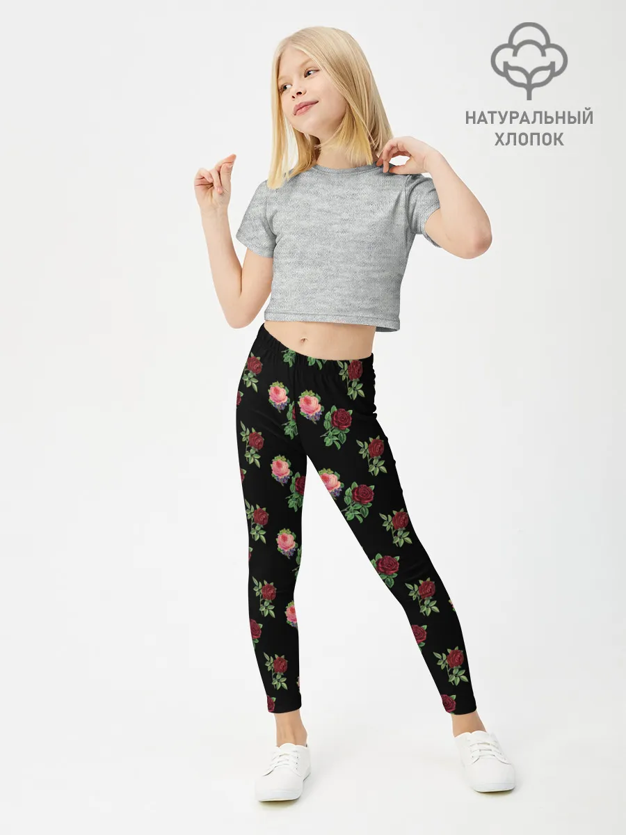 Леггинсы для девочки / принт розы черный фон