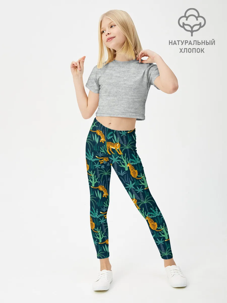 Леггинсы для девочки / Паттерн из Тигров и Растений