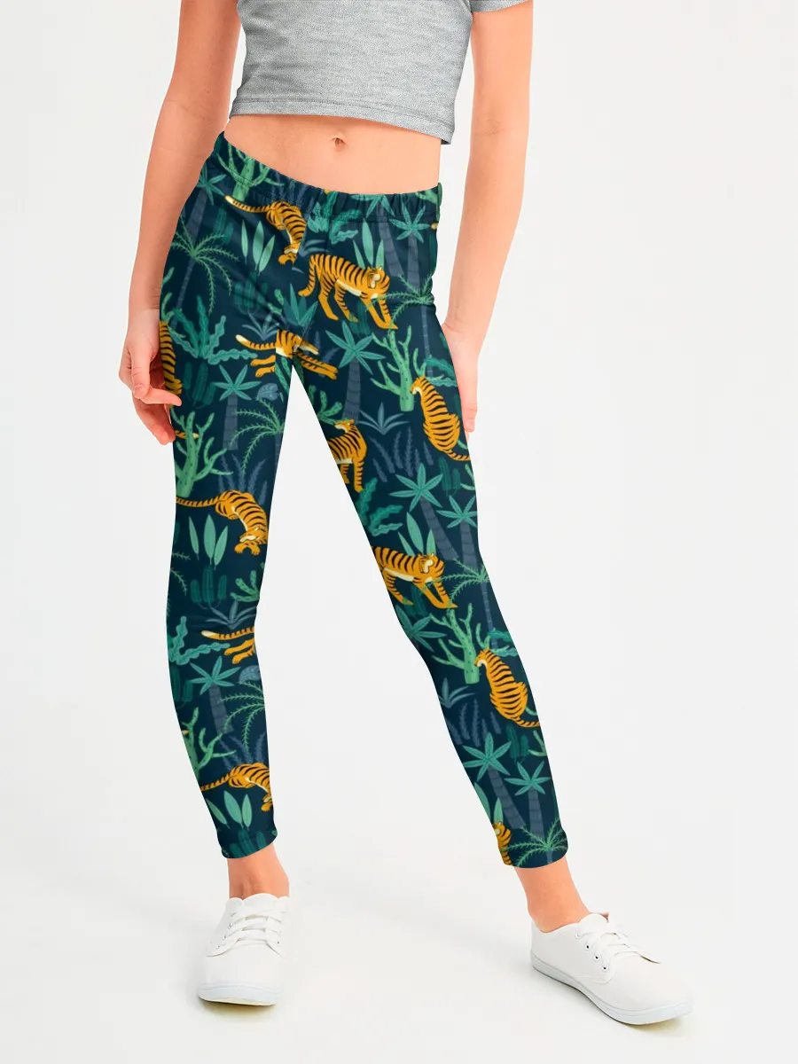 Леггинсы для девочки / Паттерн из Тигров и Растений