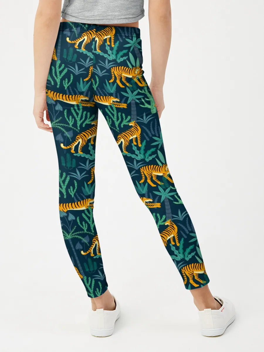 Леггинсы для девочки / Паттерн из Тигров и Растений