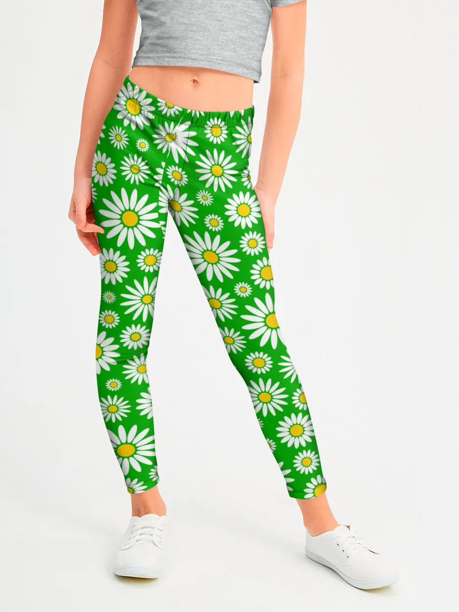 Леггинсы для девочки / Ромашки на зелёном фоне