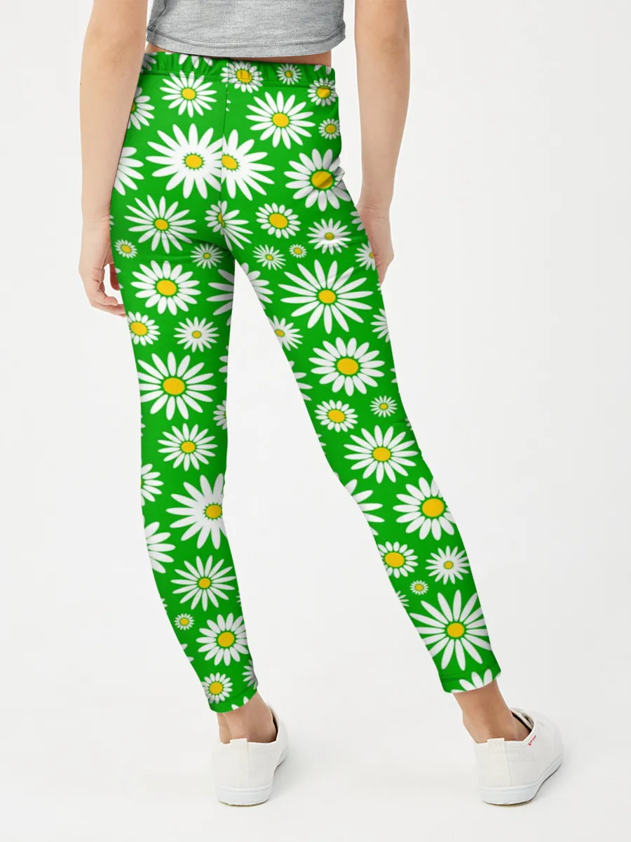 Леггинсы для девочки / Ромашки на зелёном фоне