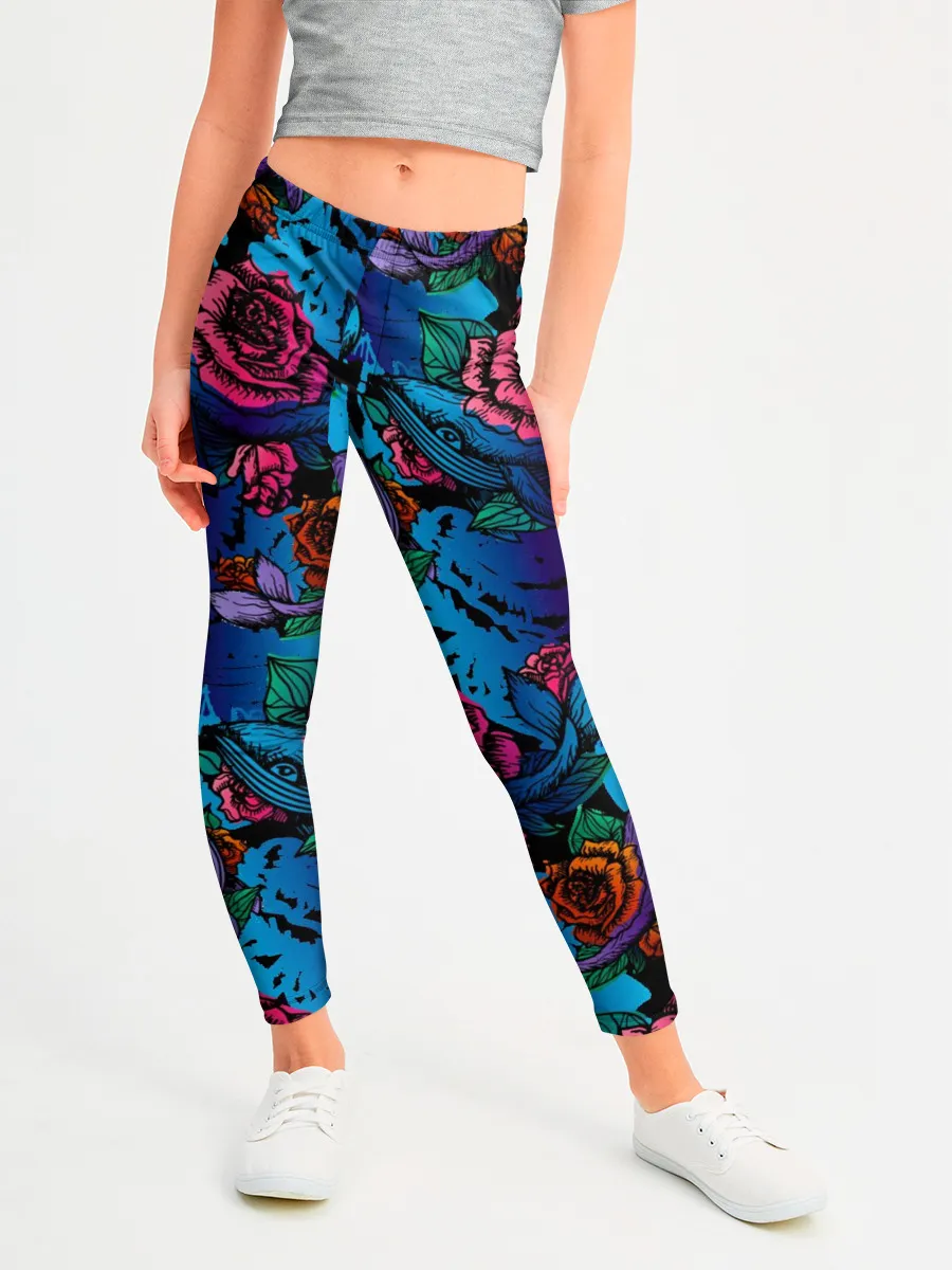 Леггинсы для девочки / Киты и цветы