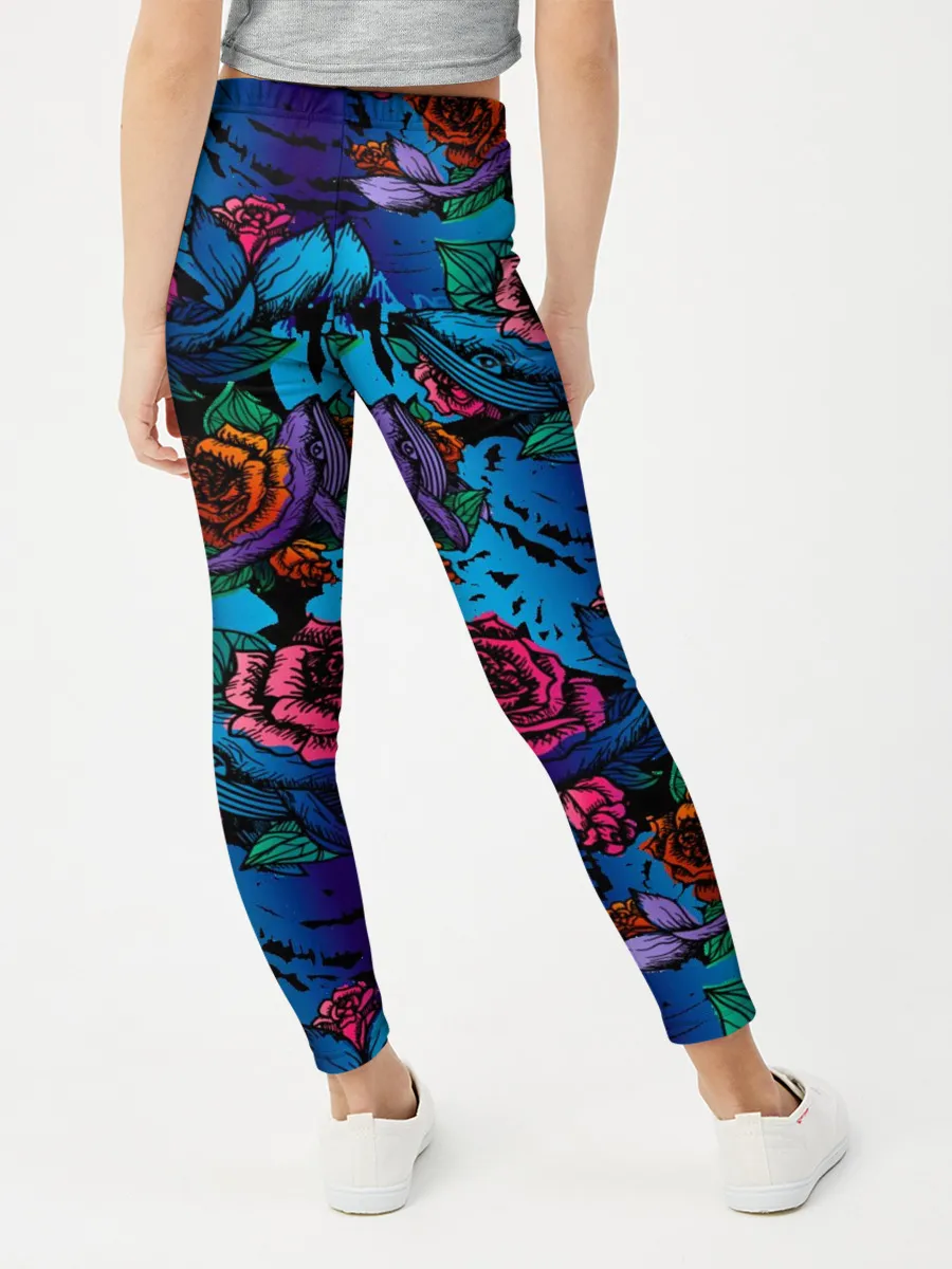 Леггинсы для девочки / Киты и цветы