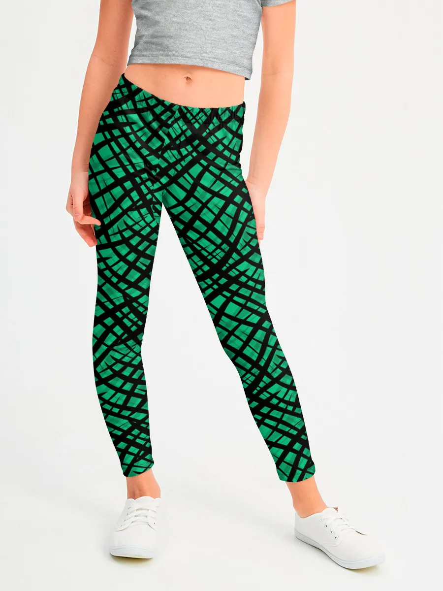 Леггинсы для девочки / Абстрактный зелено-черный узор