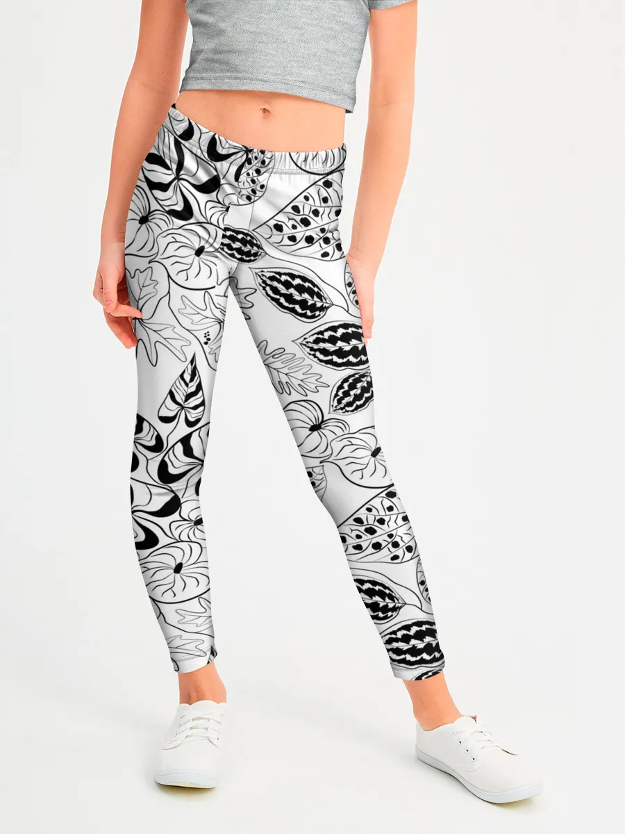 Леггинсы для девочки / Черно-белый узор Тропики