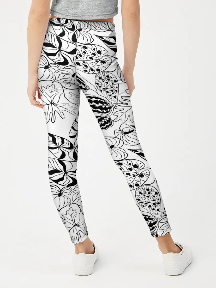 Леггинсы для девочки / Черно-белый узор Тропики