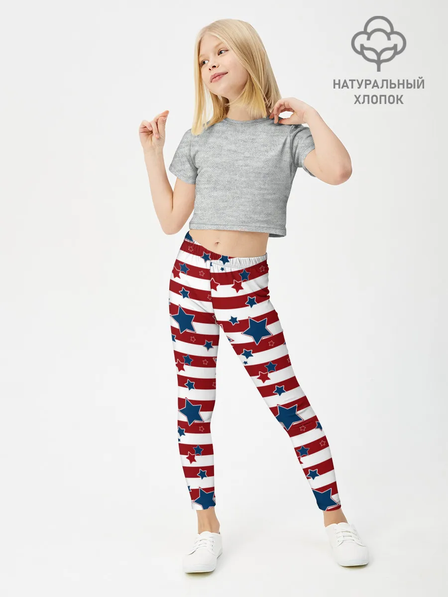 Леггинсы для девочки / Синие звезды на полосатом фоне