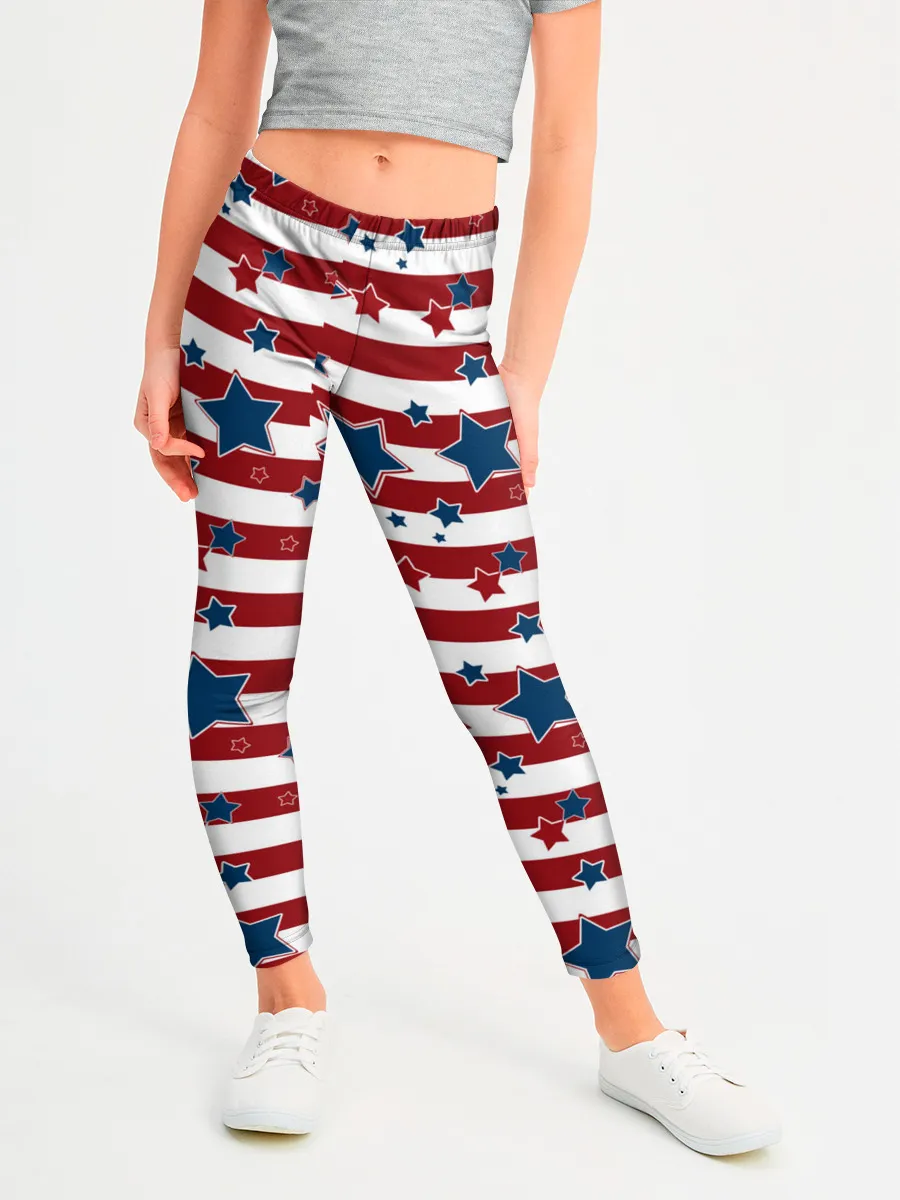 Леггинсы для девочки / Синие звезды на полосатом фоне