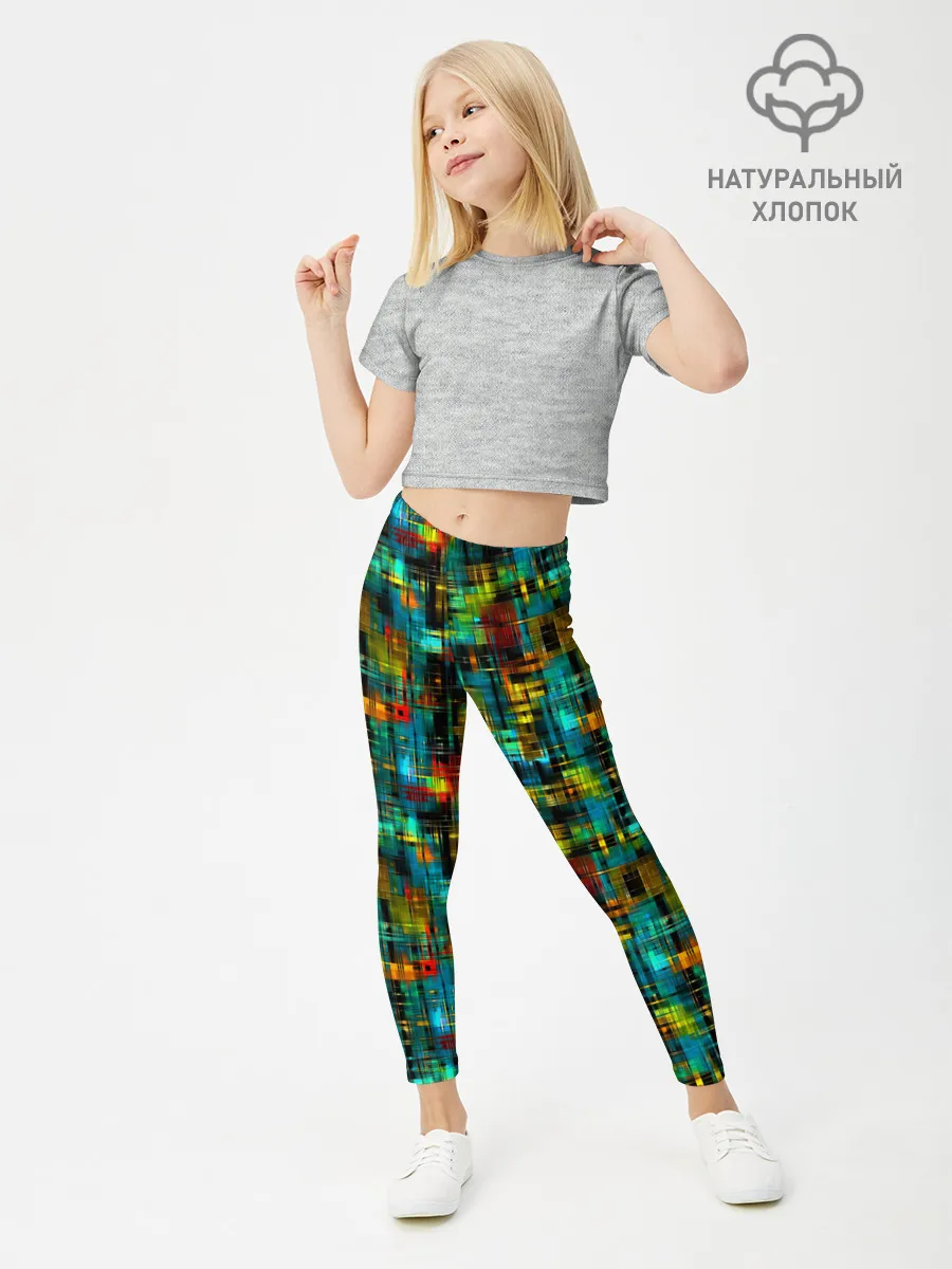 Леггинсы для девочки / Разноцветные штрихи на бирюзе