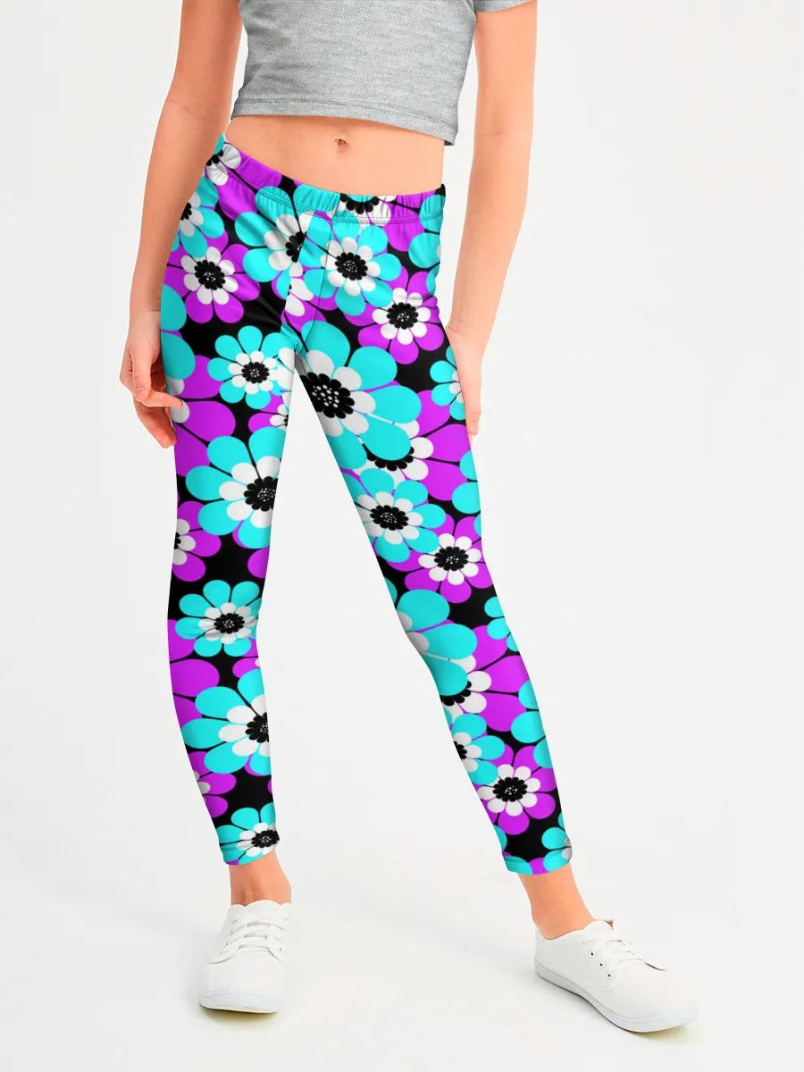 Леггинсы для девочки / Яркие бирюзовые цветы