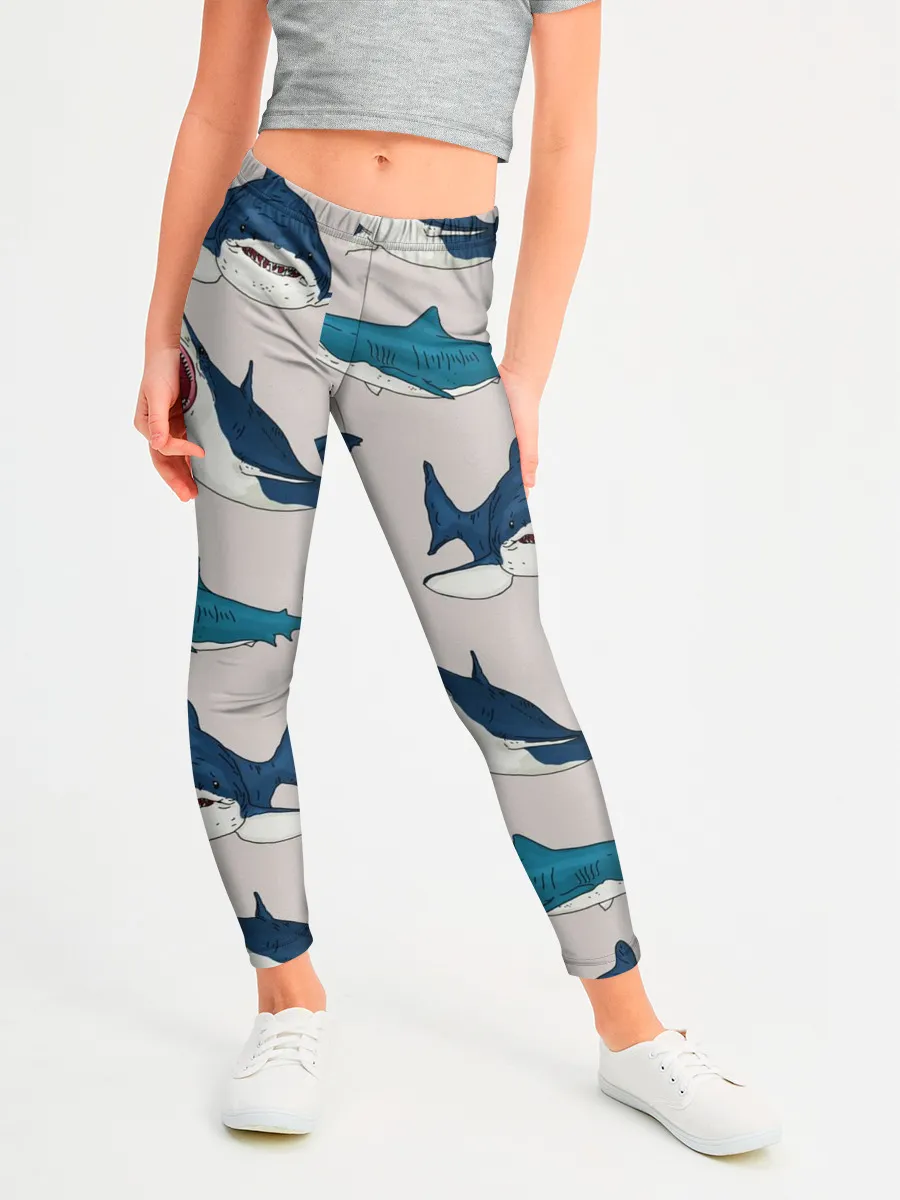 Леггинсы для девочки / Кровожадные акулы паттерн