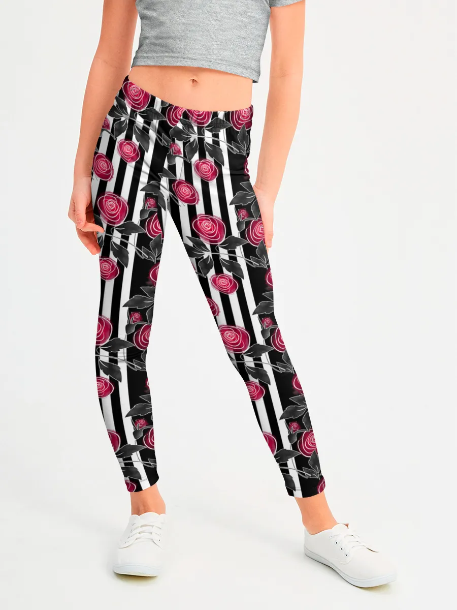 Леггинсы для девочки / акварельные розы на полосатом