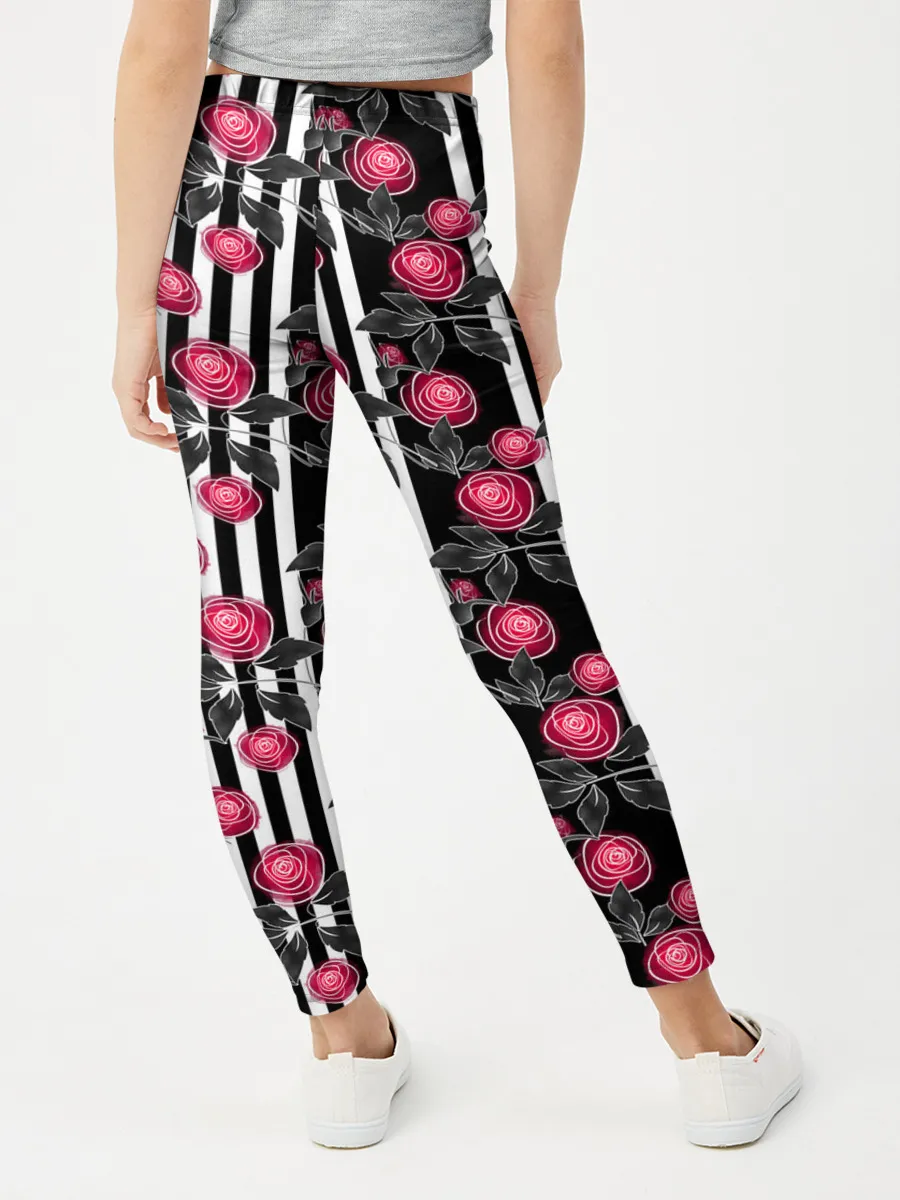 Леггинсы для девочки / акварельные розы на полосатом