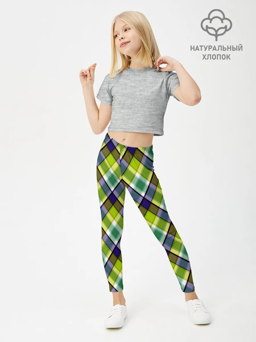 Леггинсы для девочки / Крупный клетчатый косой узор