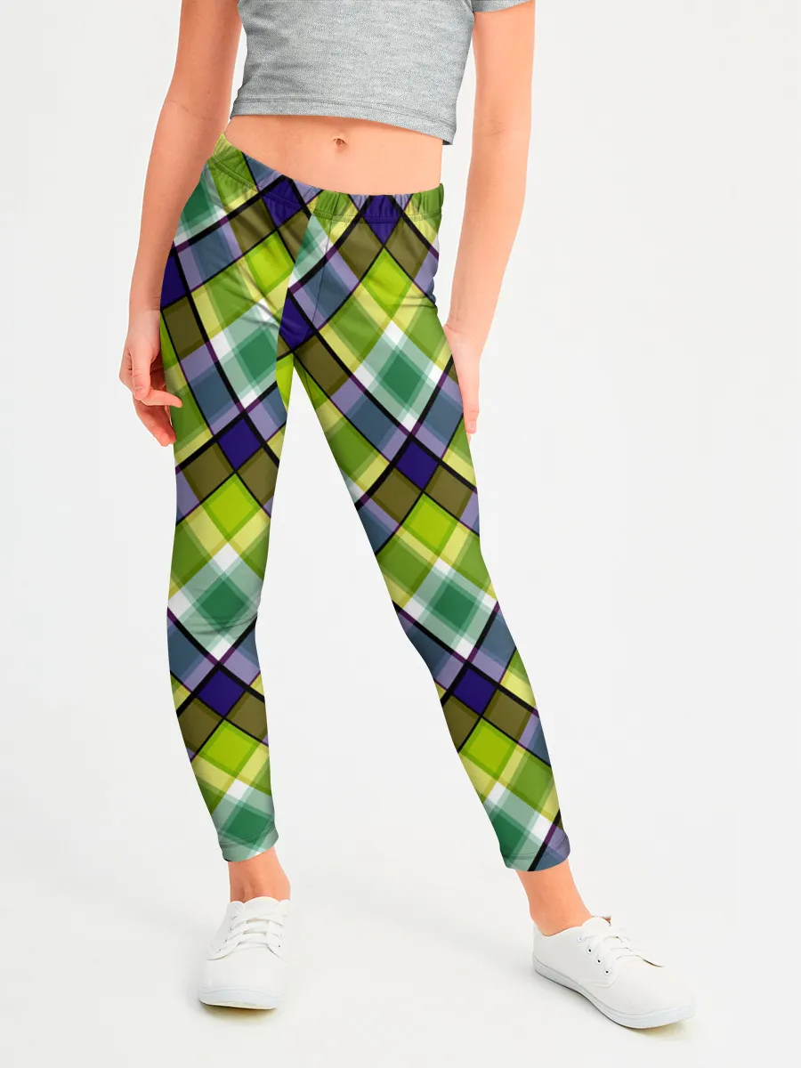 Леггинсы для девочки / Крупный клетчатый косой узор