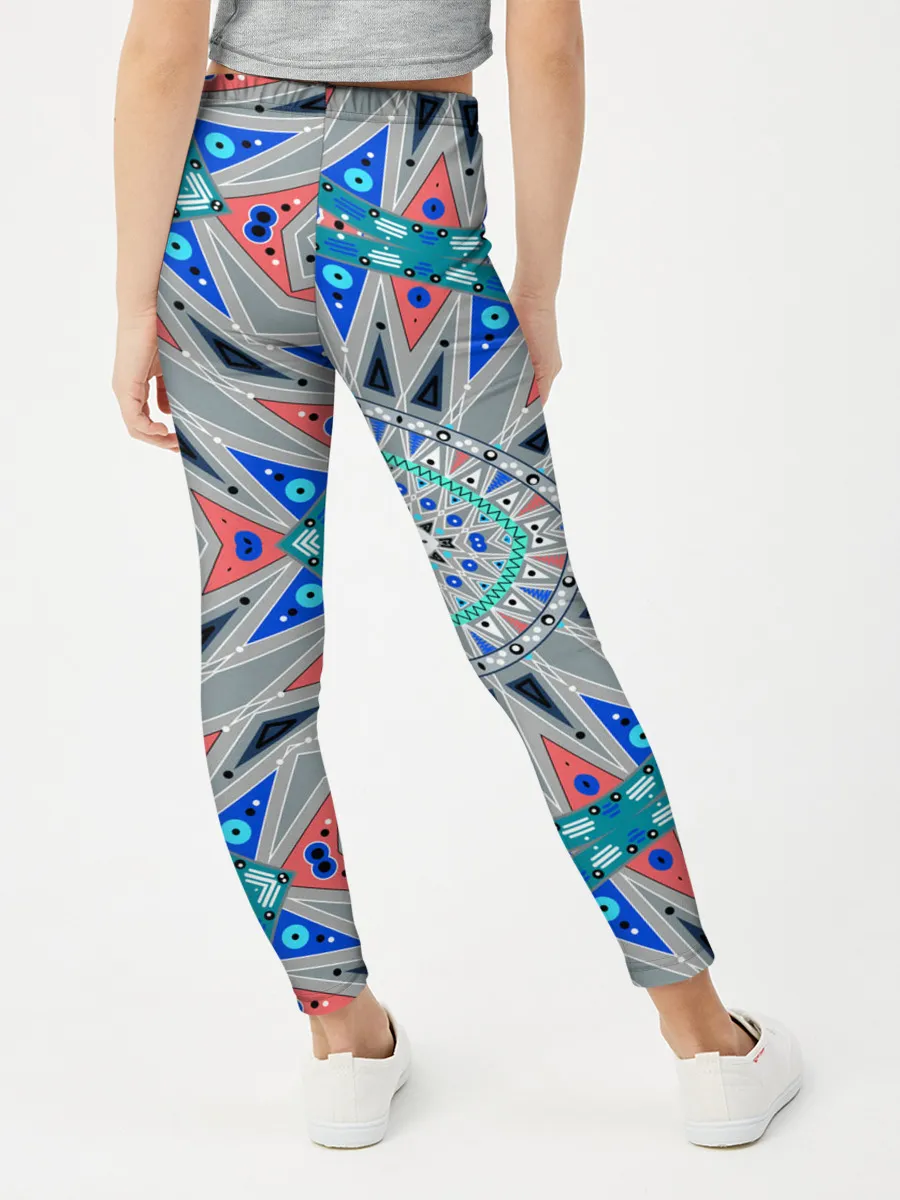 Леггинсы для девочки / Серо-синий абстрактный узор