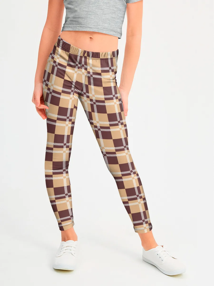 Леггинсы для девочки / Коричневые и бежевые квадраты с линями