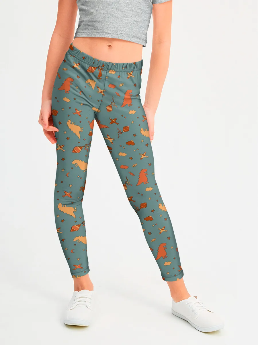 Леггинсы для девочки / детский принт с динозаврами и звездами