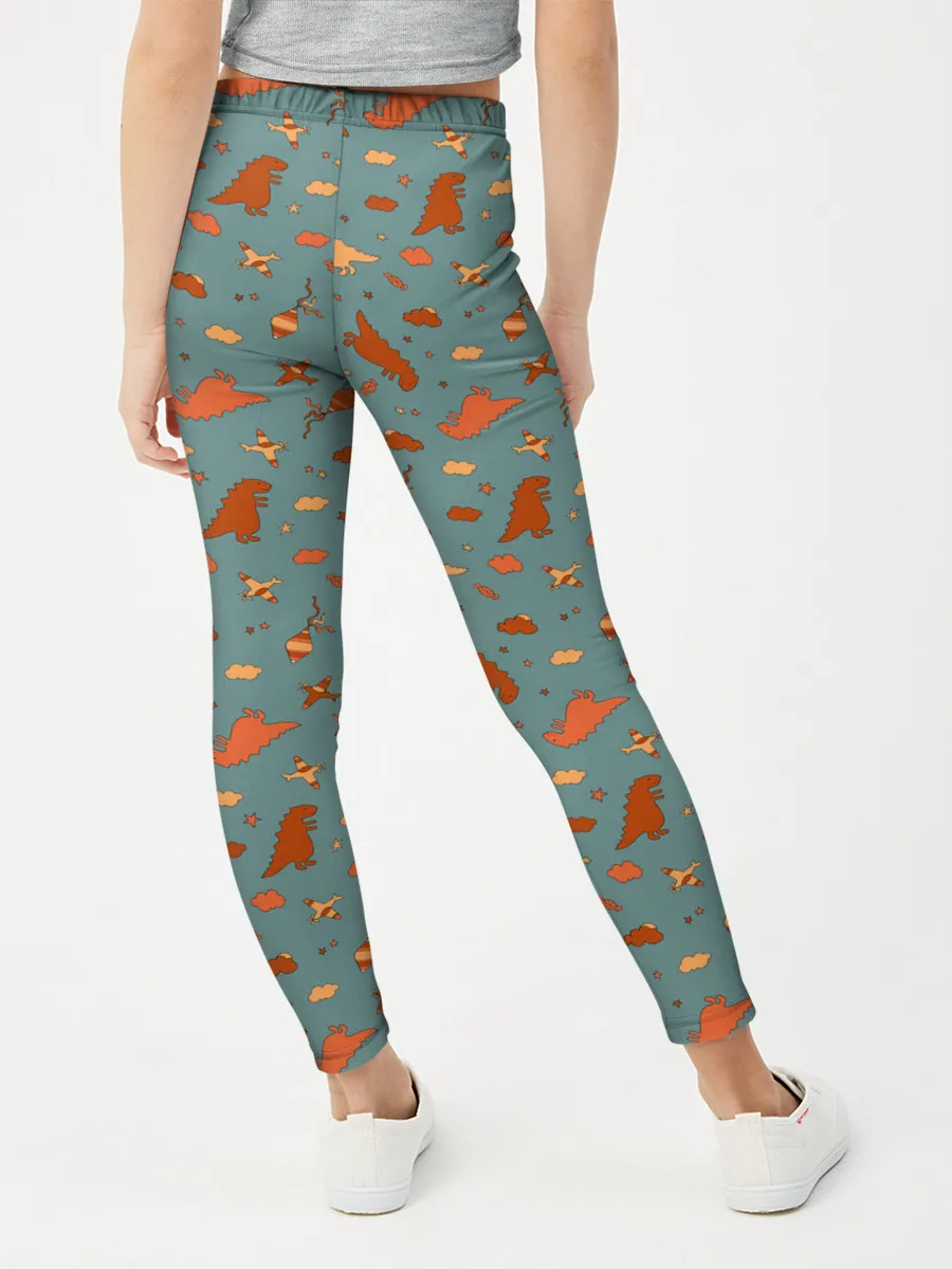 Леггинсы для девочки / детский принт с динозаврами и звездами