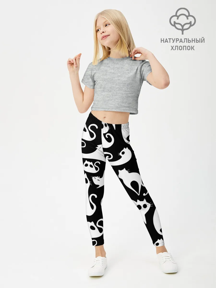 Леггинсы для девочки / Белые коты на черном фоне