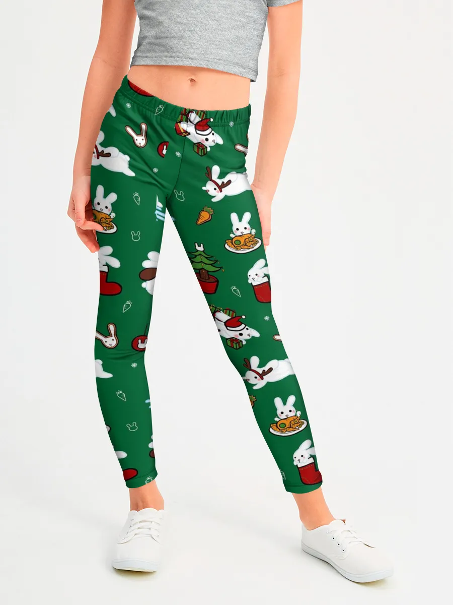 Леггинсы для девочки / Новогодний паттерн с зайчиками