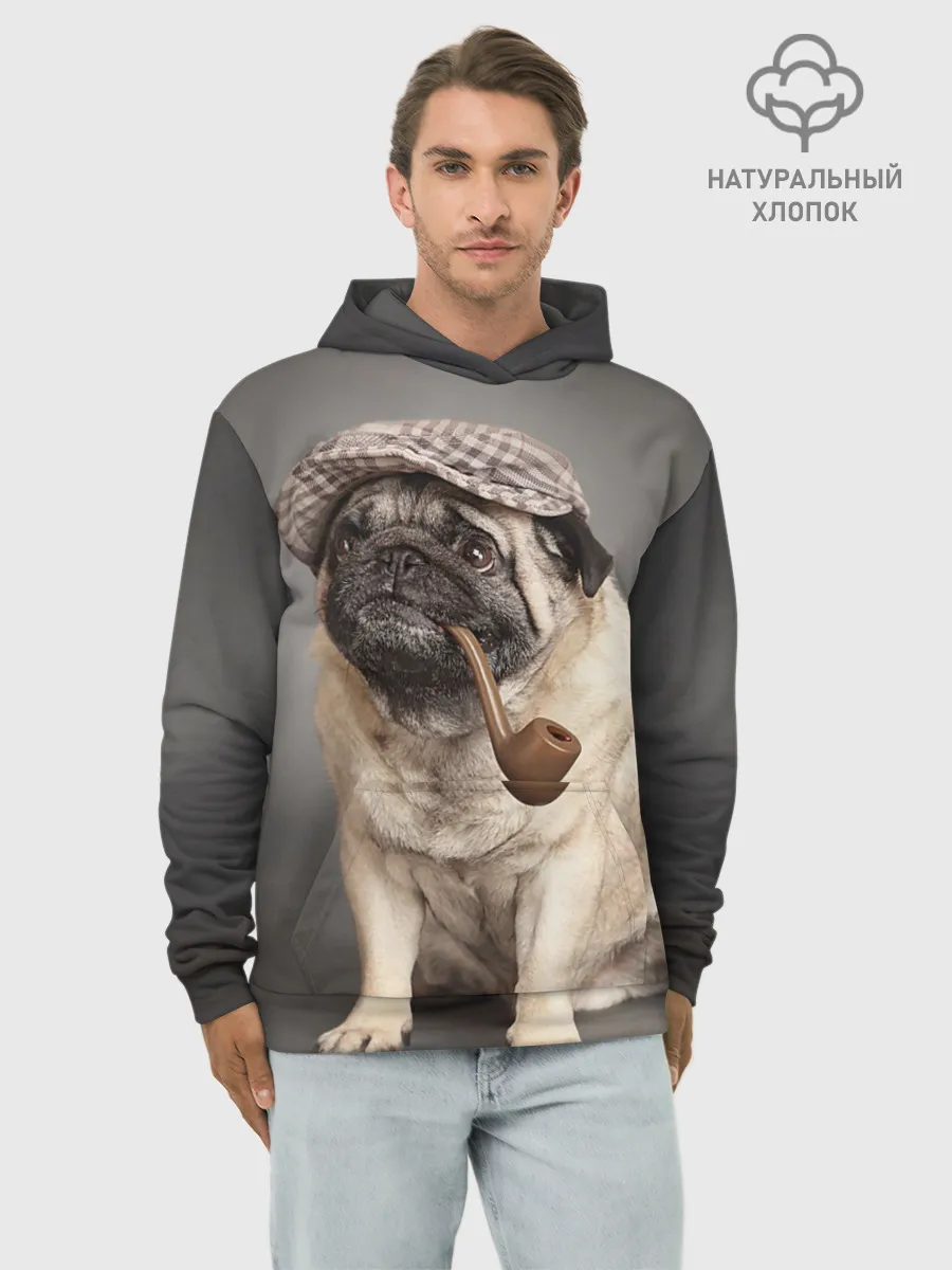 Худи мужской база хлопок / Мопс в кепке
