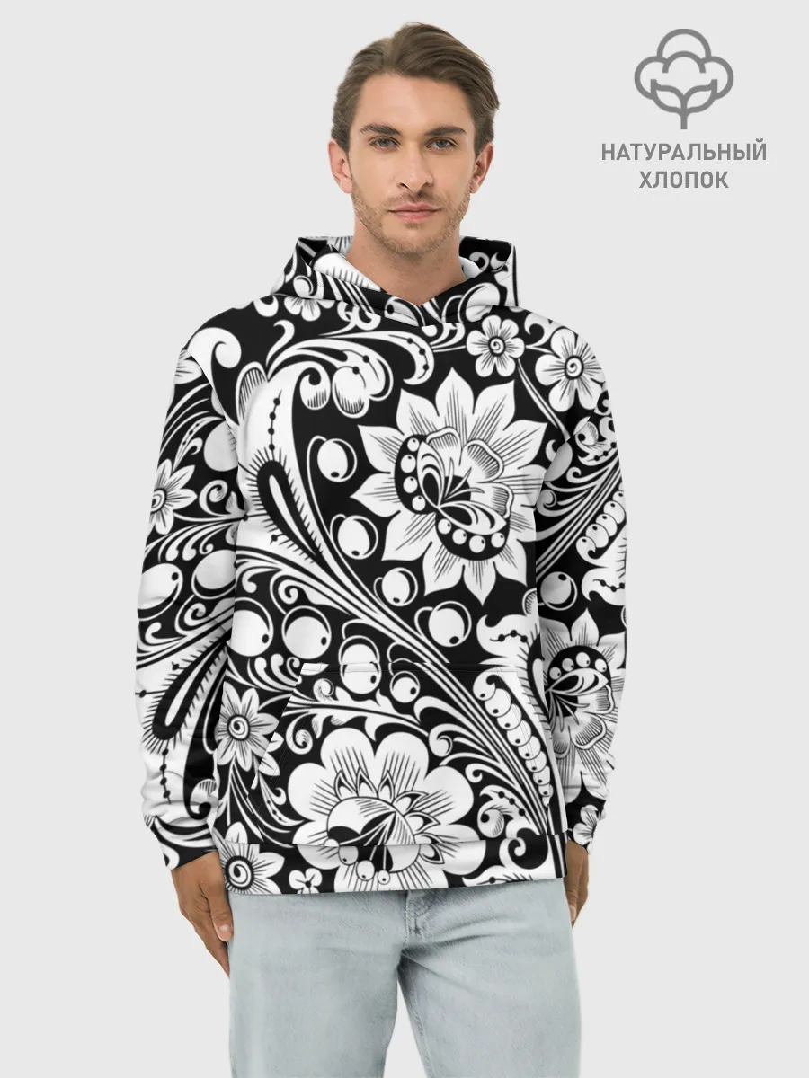 Худи мужской база хлопок / Хохлома чб