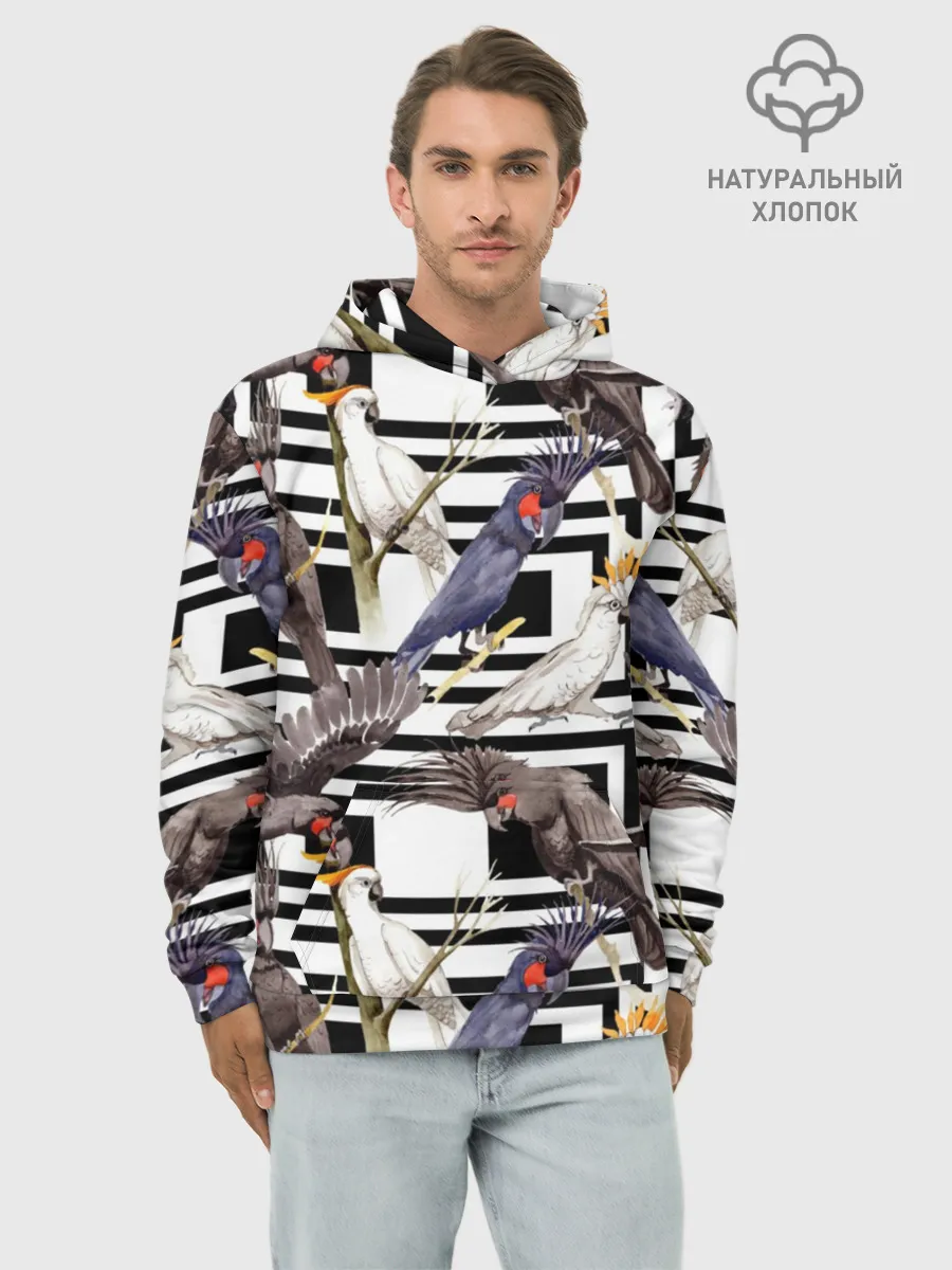 Худи мужской база хлопок / Попугаи какаду