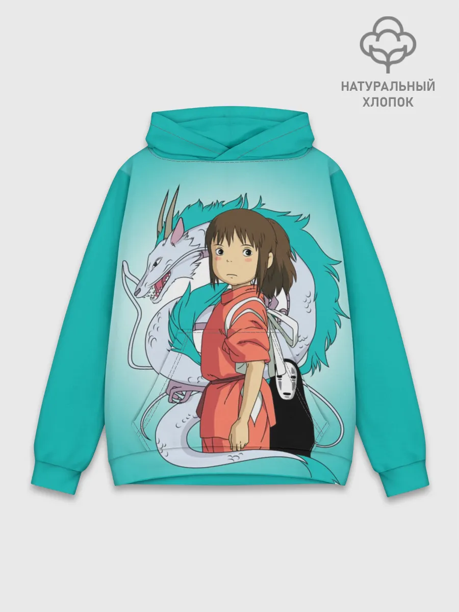Худи мужской база хлопок / Тихиро и Хаку зеленый фон