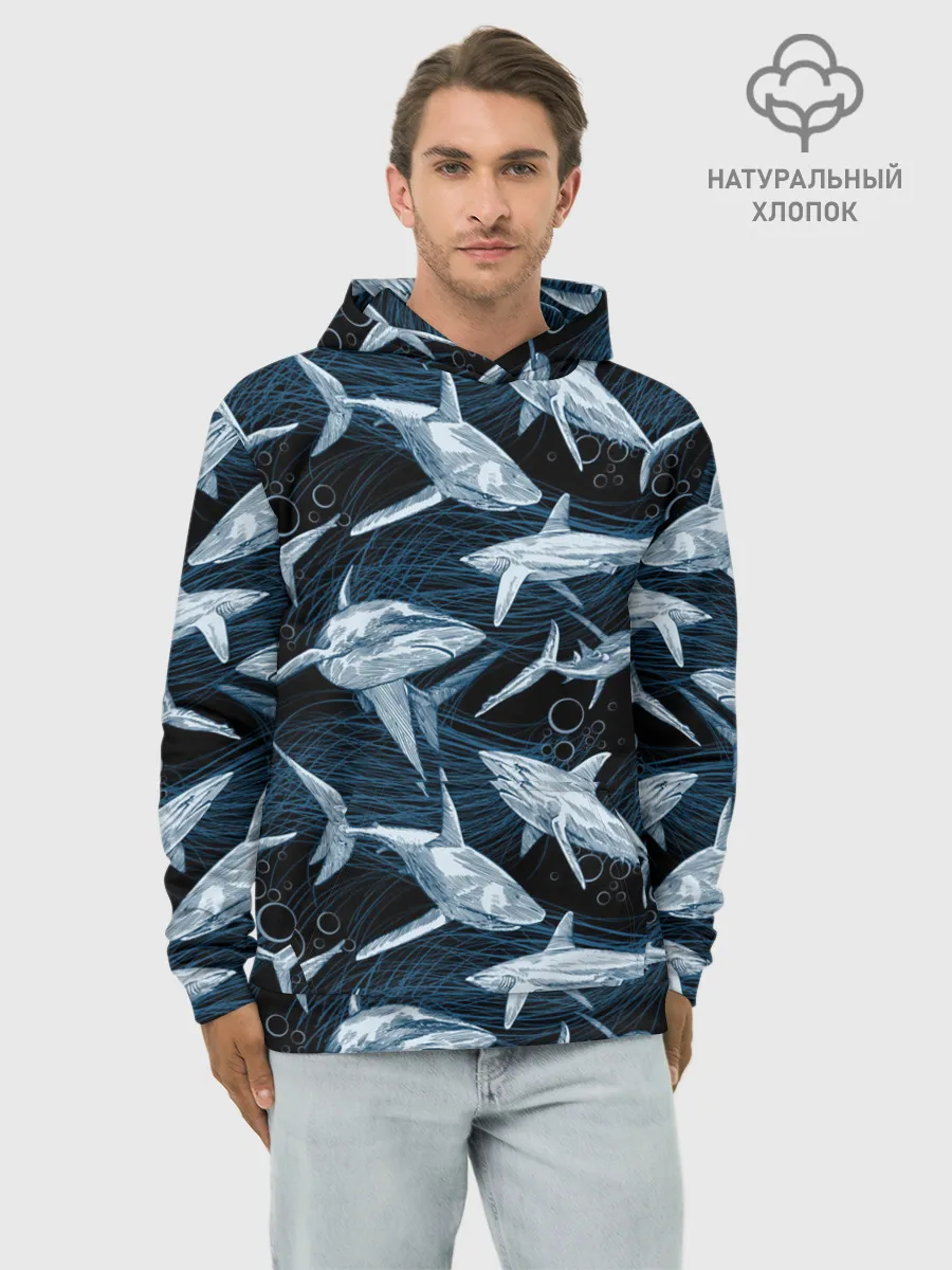 Худи мужской база хлопок / Акулы
