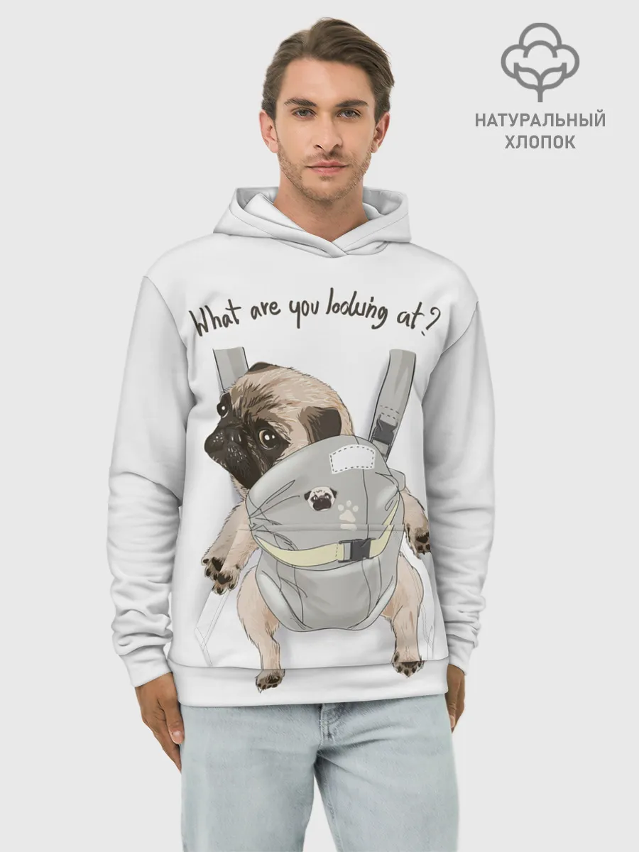 Худи мужской база хлопок / Мопс в рюкзаке