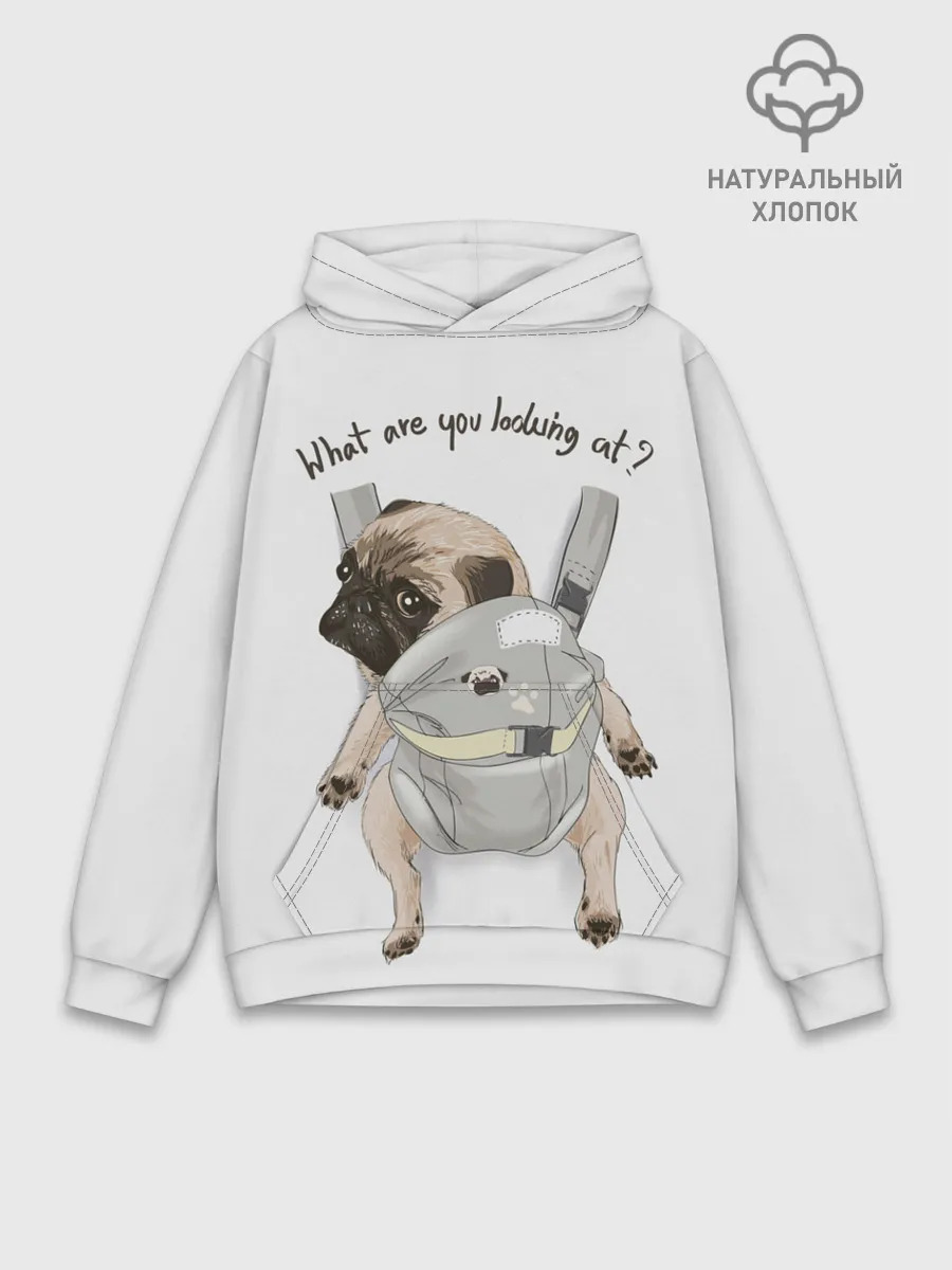 Худи мужской база хлопок / Мопс в рюкзаке