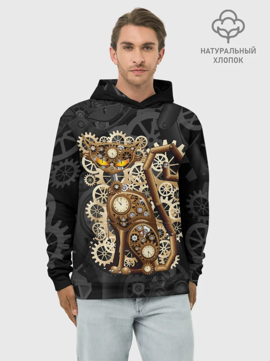 Худи мужской база хлопок / Кошка в стиле стимпанк