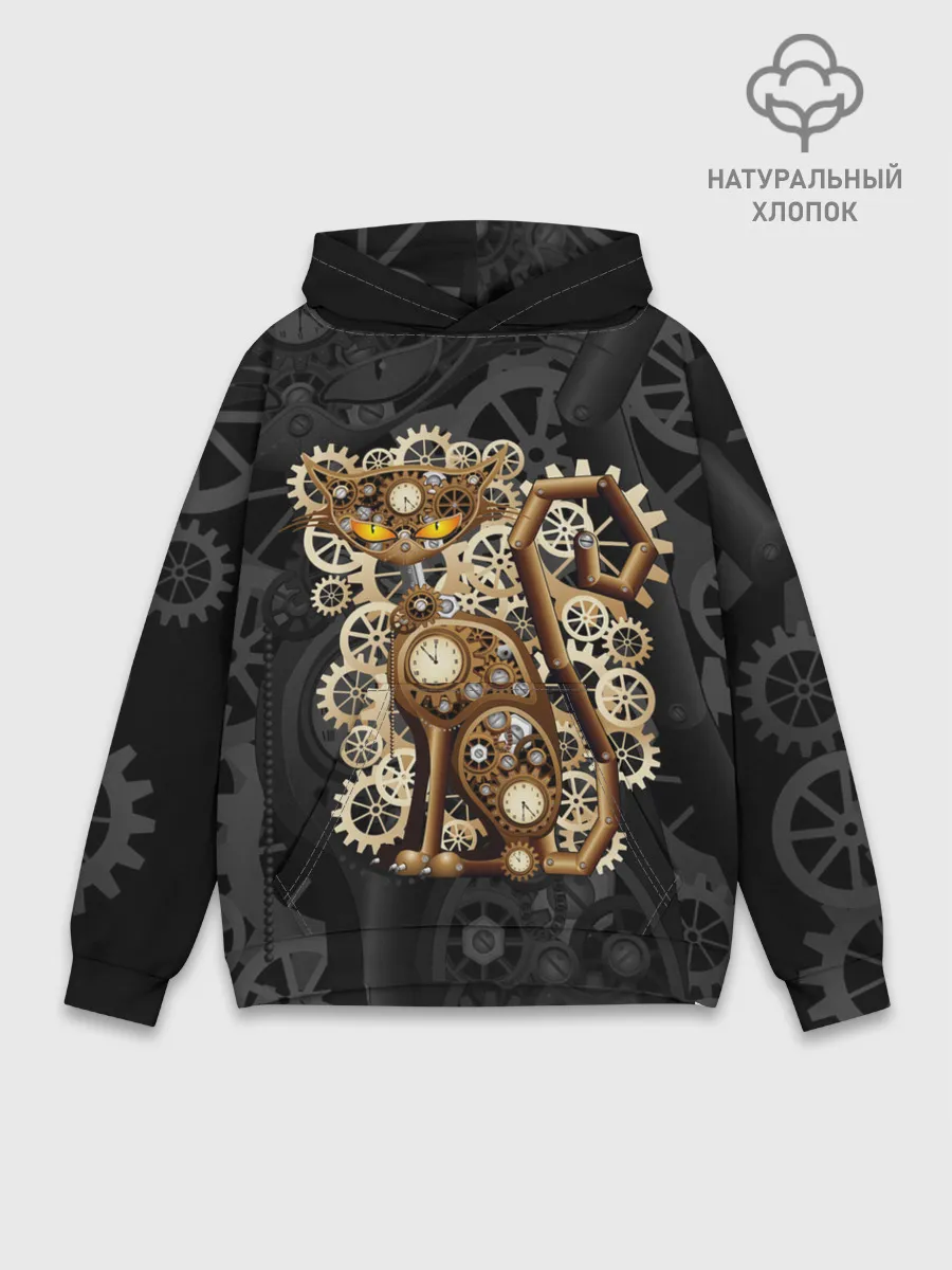 Худи мужской база хлопок / Кошка в стиле стимпанк