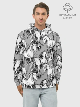 Худи мужской база хлопок / Белые лошади