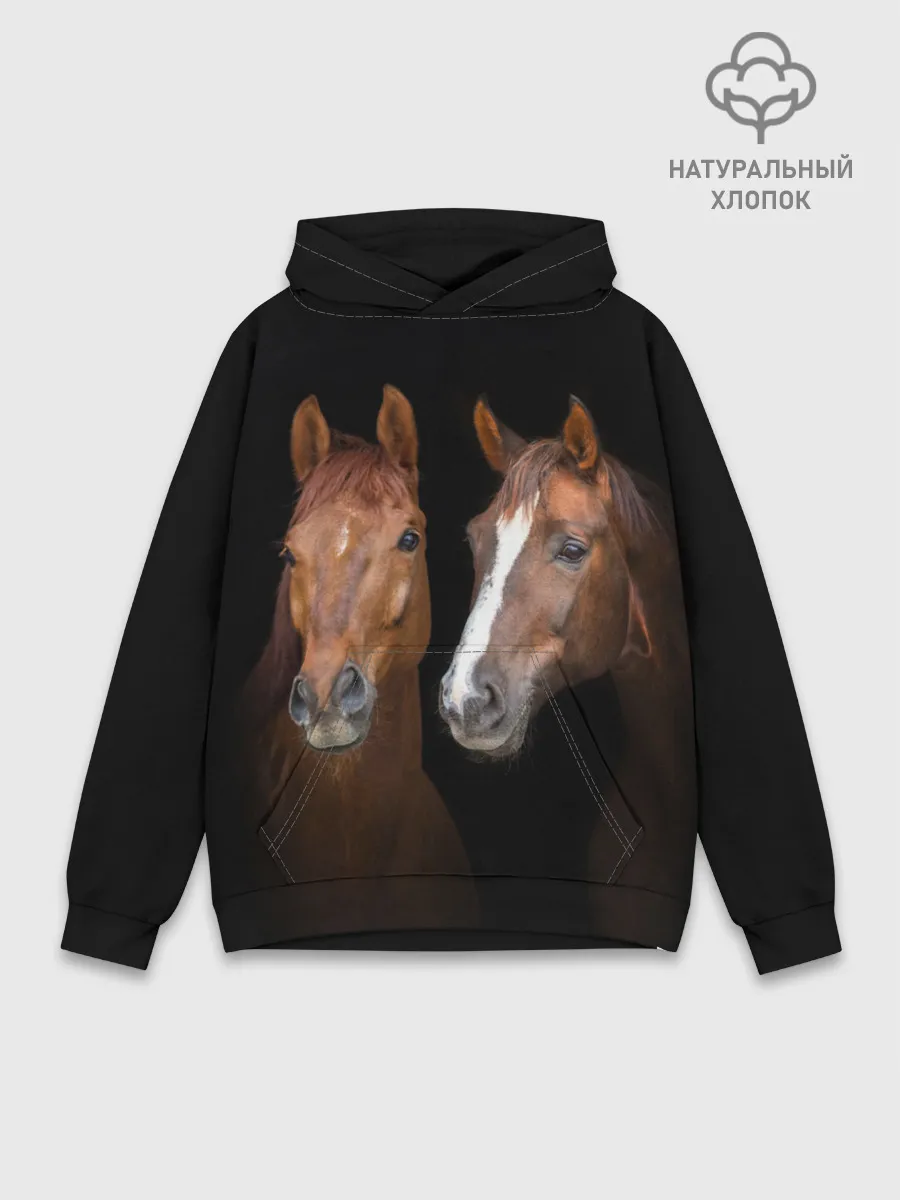 Худи мужской база хлопок / Лошади гнедые
