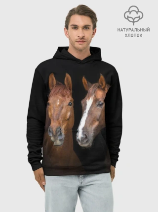 Худи мужской база хлопок / Лошади гнедые