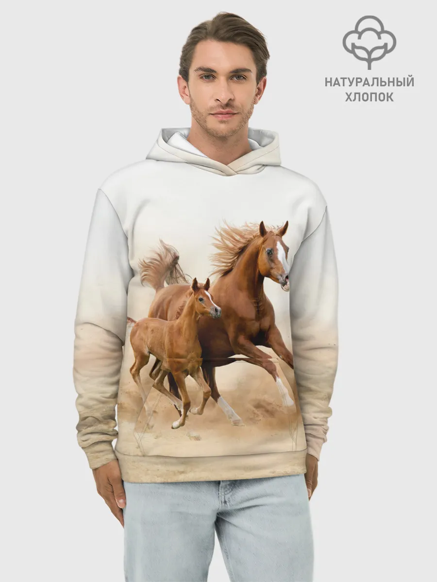 Худи мужской база хлопок / Лошадь с жеребенком
