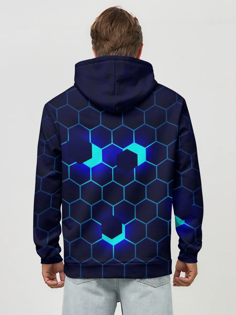 Худи мужской база хлопок / СИНИЕ СОТЫ В НЕОНЕ