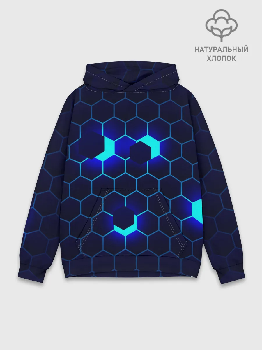 Худи мужской база хлопок / СИНИЕ СОТЫ В НЕОНЕ