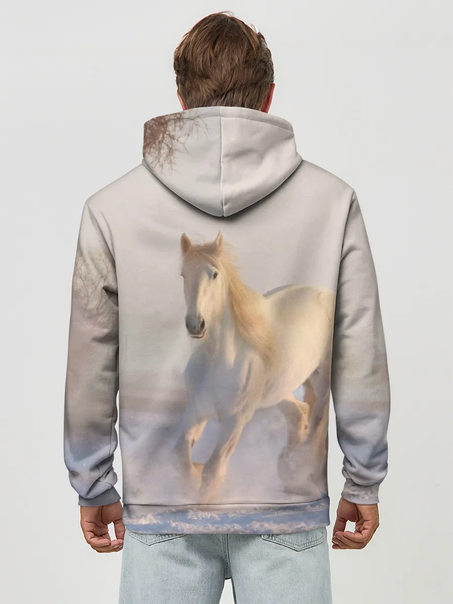 Худи мужской база хлопок / Белая лошадь на снегу
