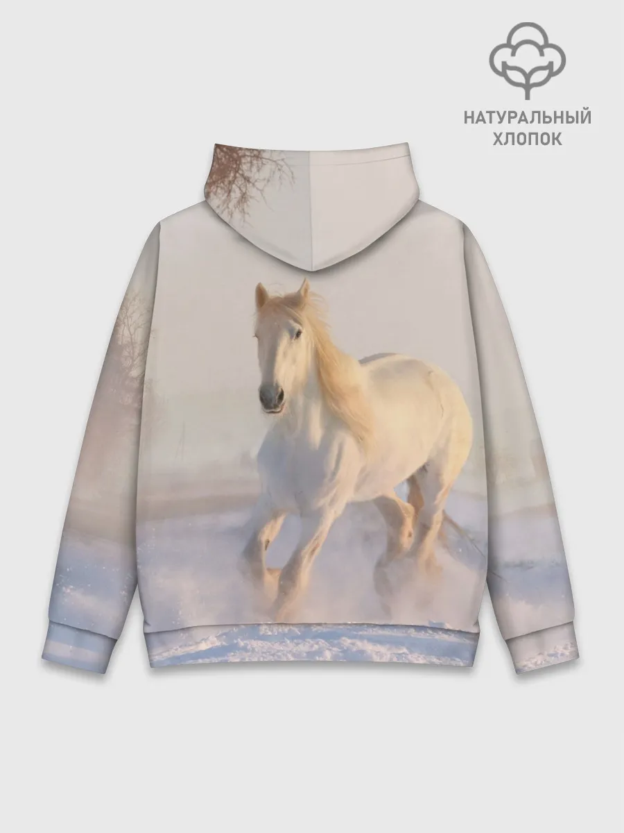 Худи мужской база хлопок / Белая лошадь на снегу