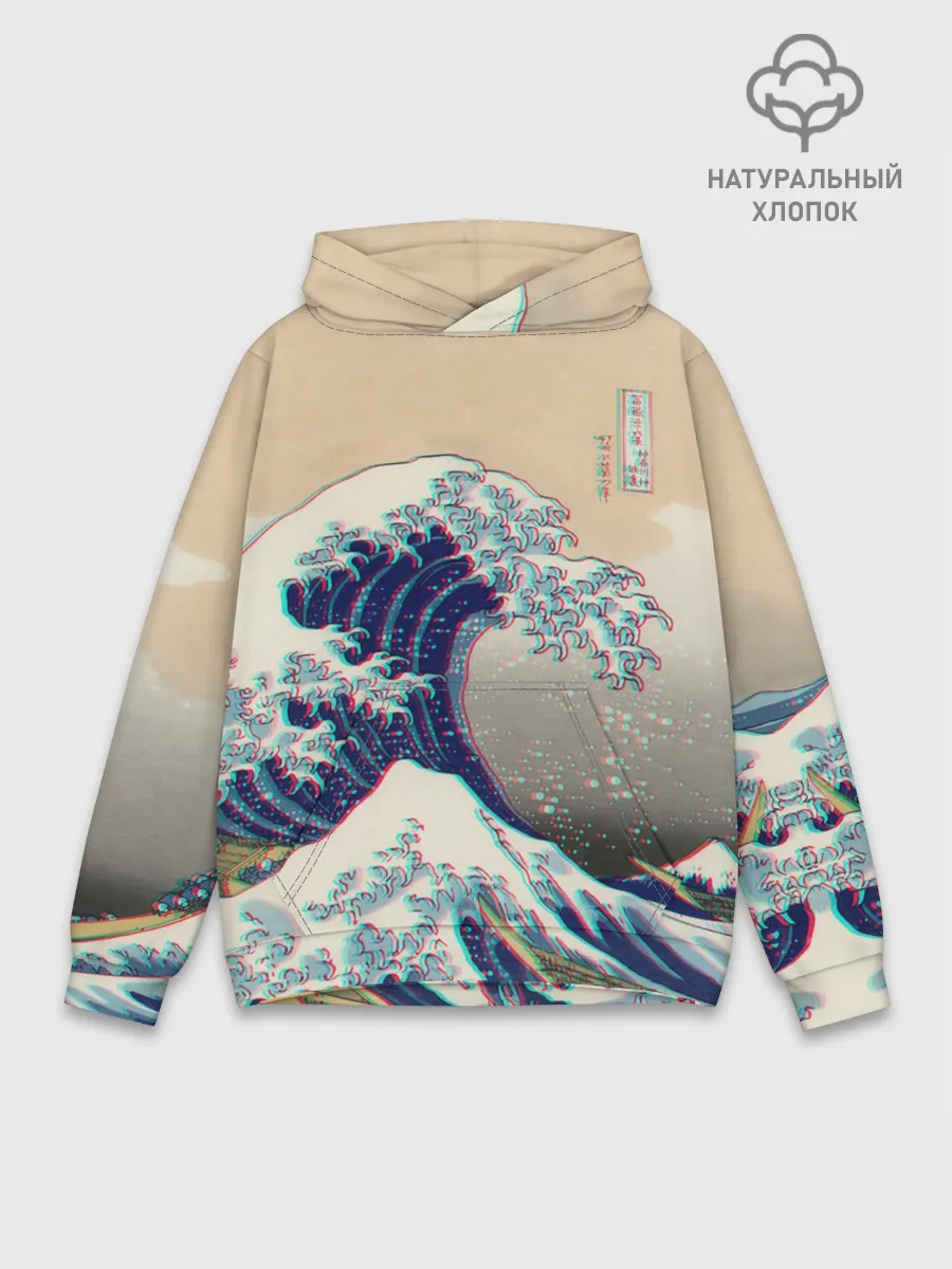 Худи мужской база хлопок / Kanagawa Wave Glitch Art