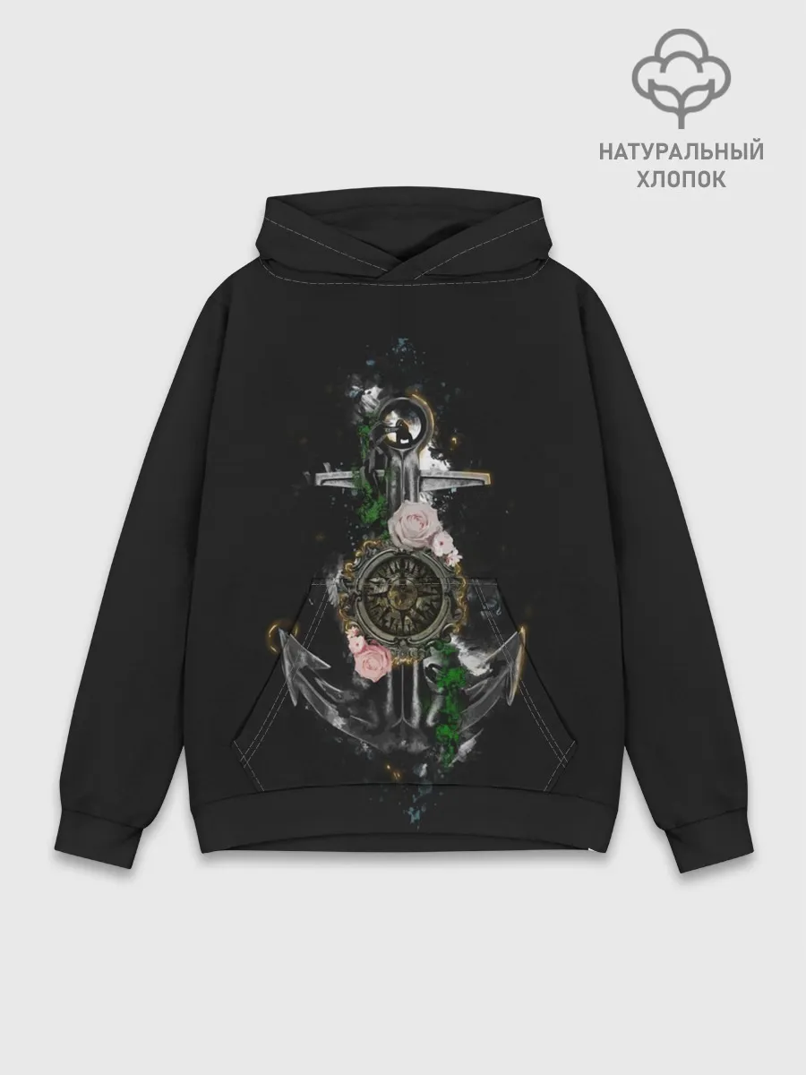 Худи мужской база хлопок / якорь с компасом и цветами