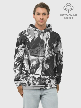 Худи мужской база хлопок / EPIC MAIN ANIME CHARACTERS 3D! monochome