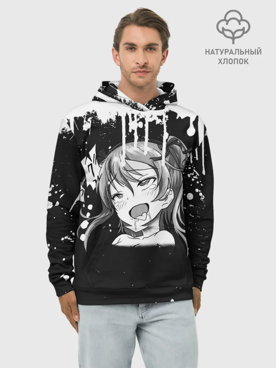 Худи мужской база хлопок / Ахегао лицо чб