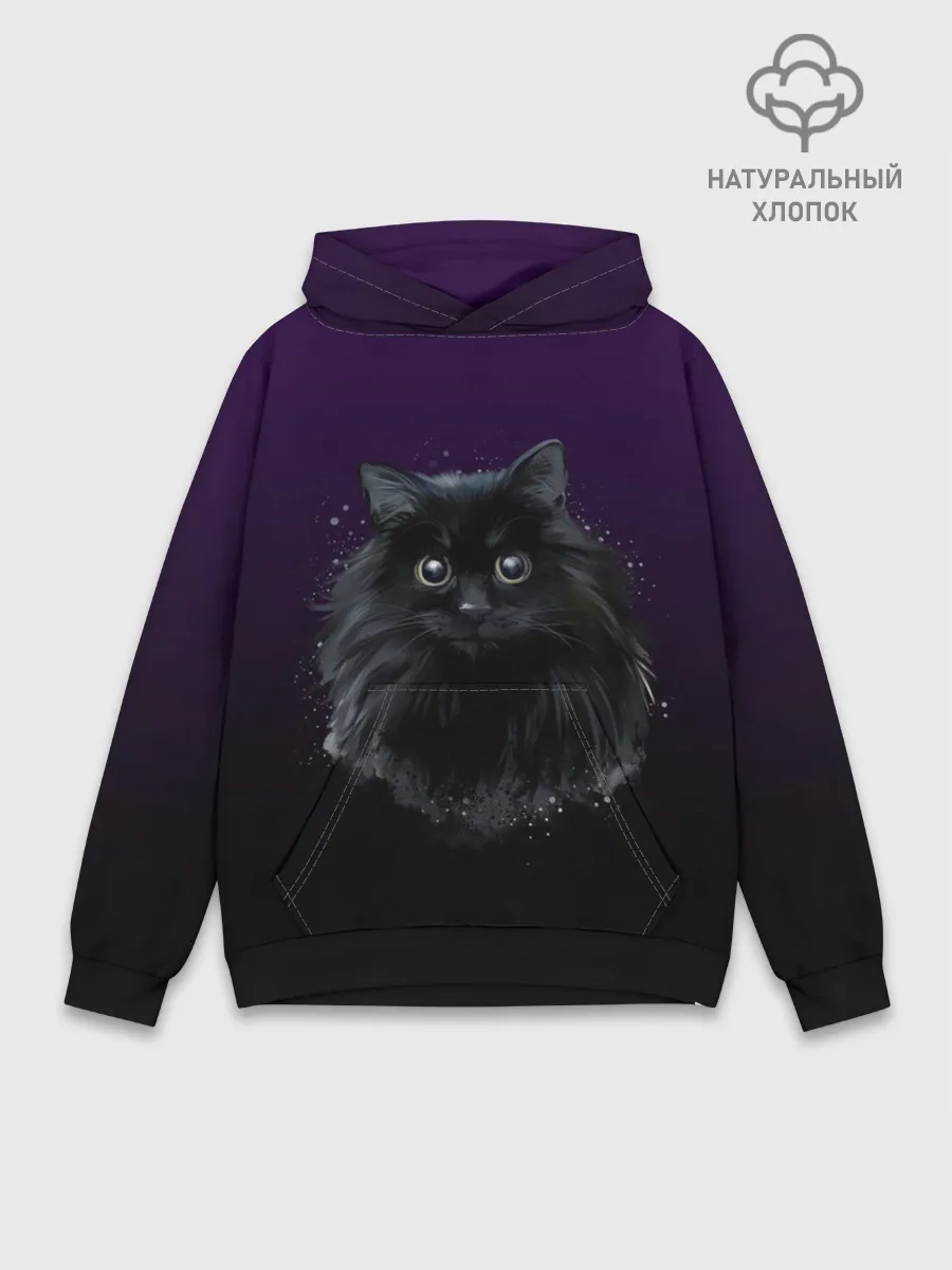 Худи мужской база хлопок / черный кот на фиолетовом фоне