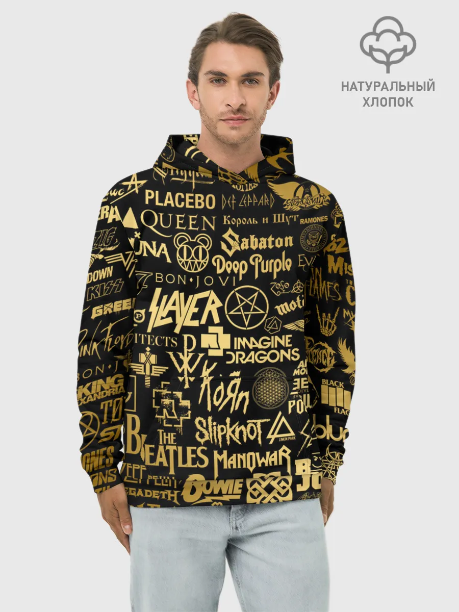 Худи мужской база хлопок / ЛОГОТИПЫ РОК ГРУПП GOLD