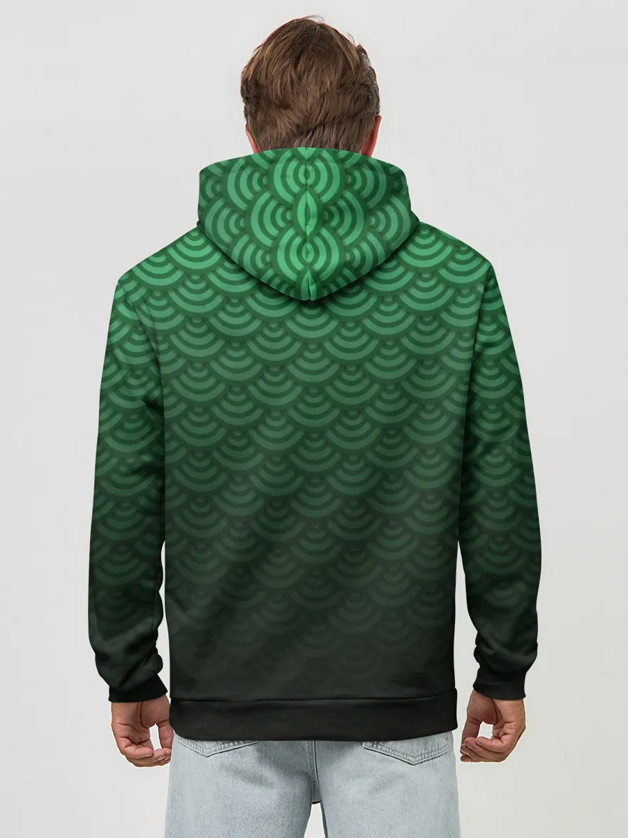 Худи мужской база хлопок / Узор зеленая чешуя дракон